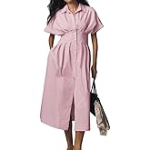 chouyatou Women's Contrast Color Striped Shirt Dress Pleated Button Down Maxi Long Tunic Dress