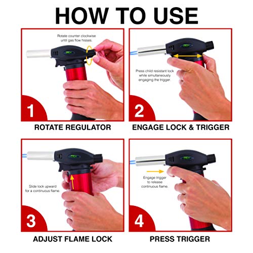 Butane Torch Lighter Refillable - Child Proof Lock - Professional Kitchen Hand Culinary Chef Mini Blow Torch - Perfect for Cooking, Food Melting, Sear, Creme Brulee, Glaze, Char, Baking.