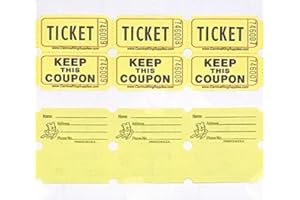 B&F 100 Yellow Colored Raffle Tickets Double Roll 50/50 Carnival Fair Split The Pot One Hundred Consecutively Numbered Fundraiser Festival Event Party Door Prize Drawing Perforated Stubs