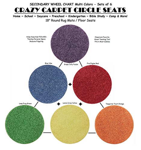 Children's CraZy CarPet CirCle SeaTs SECONDARY Wheel Chart Multi Color (Sets of 6) 18" Rug Mats / Individual Floor Rugs (1 Set of 6)