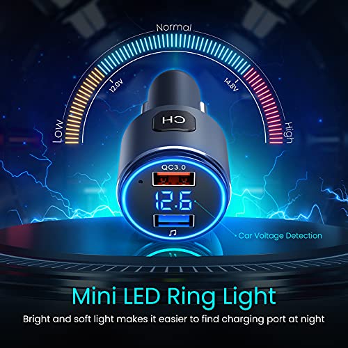 (Upgraded Version) VT Bluetooth FM Transmitter for Car, V5.0 Bluetooth Car Adapter, FM Transmitter Receiver, MP3 Player with QC3.0 Quick Charge, Hands Free Calling, 2 Playing Modes, Blue led Display