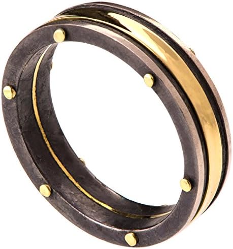 Solid 18K Yellow Gold Steampunk Wedding Band For Men Men's Ring Two Tone Combined Metals Rough Black Oxidized