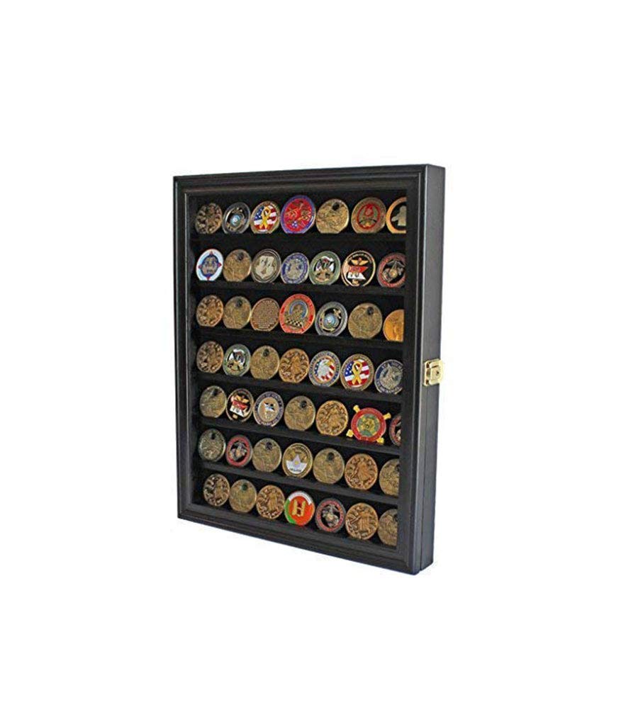 flag connections Challenge Coin/Casino Chip Display Case Cabinet Holder Shadow Box, Glass Door, Blac