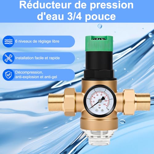 Diealles Shine 3/4" Water Pressure Reducer Pressure Regulator with Pressure Gauge and Sieve Filter Pressure Reducing Valve Brass Pressure Regulator for Homes Buildings