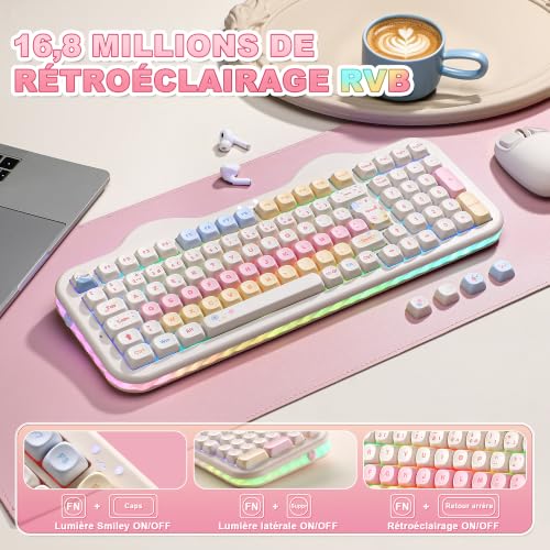 YUNZII C98 FR French AZERTY 100 Keys PBT Mechanical Wireless Gaming Keyboard with Numeric Keypad, Bluetooth/2.4GHz/USB‑C Wired, RGB, Gasket, Cake Theme for Windows/Mac (Beige, Milk V2 Switch)