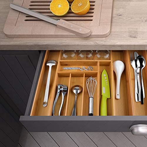 Premium Large 2.5 Inch Deep Pure Bamboo Expandable Utensil Cutlery Tray Flatware Drawer Organizer Adjustable Drawer Divider for All Occassions By Decor Trends,2 Year Warranty