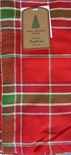 Well Dressed Home Set of 4 Fabric Cotton Napkins Christmas Holidays Plaid Pattern Green and White Stripes on Red 19 Inches by 19 Inches
