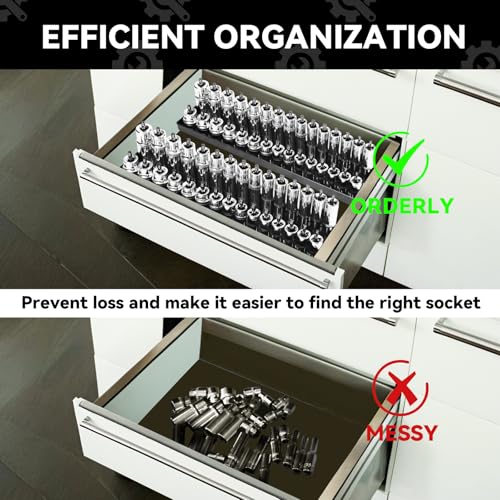 6PCS Socket Organizer Tray Set, Red SAE & Black Metric Socket Storage Trays, 1/4-Inch, 3/8-Inch & 1/2-Inch Drive Deep and Shallow Socket Holders for Toolboxes