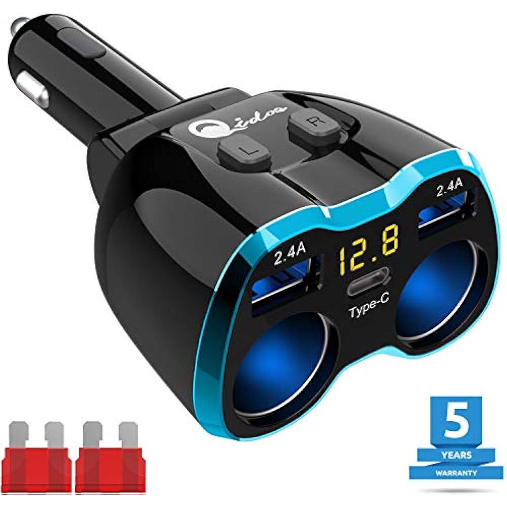 USB C Car Charger, Cigarette Lighter Splitter Adapter 2 Socket Type