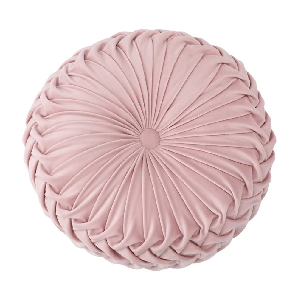 NatureMan 13.7 inch Round Sofa Cushion Pure color velvet home decor, pleated round cushion, pumpkin pillow Suitable for home bed car decoration (pink)