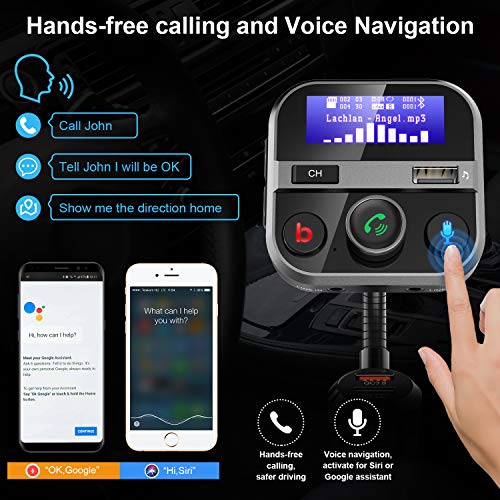 Car Bluetooth FM Transmitter FM Radio Adapter Handsfree Car Kit 1.7 Inch Screen with Bass Switch, 2.4A and QC3.0 USB Ports, Support for USB Drive, MicroSD, AUX Input/Output, TF Card Mp3 Player (Black)