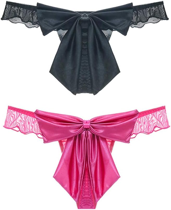 Women Satin Bow T Back G String Thong Plus Size Sexy Ruffle Tanga Pack of 2