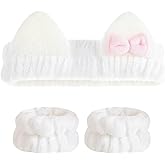 Cute Spa Headband and Wristband Set for Women Kawaii Ear White Makeup Headband for Washing Face (3PCS, White)