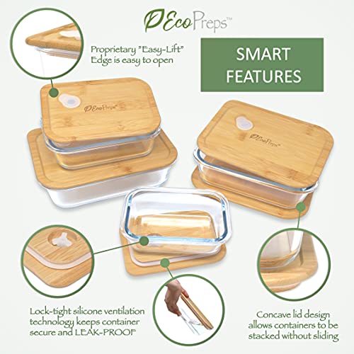 EcoPreps Glass Food Storage Containers with Bamboo Lids【4 Pack】100 Plastic Free, EcoFriendly