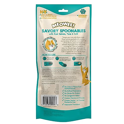 MEOWEE! SAVORY SPOONABLES WITH REAL SALMON, TUNA AND KRILL FOR CATS, 4 COUNT, TREAT YOUR CAT TO TRIPLE FLAVOR SQUEEZABLE LICKABLE WET TREATS WITH BUILT-IN SPOON FOR LESS MESS