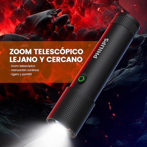 PHILIPS SFL2185 Linterna LED Recargable,10W Superbrillante Lampara de Mano, Linterna Impermeable con Zoom & 4 Modos de Luz, Adecuada para Senderismo, Caza, Camping, Emergencia