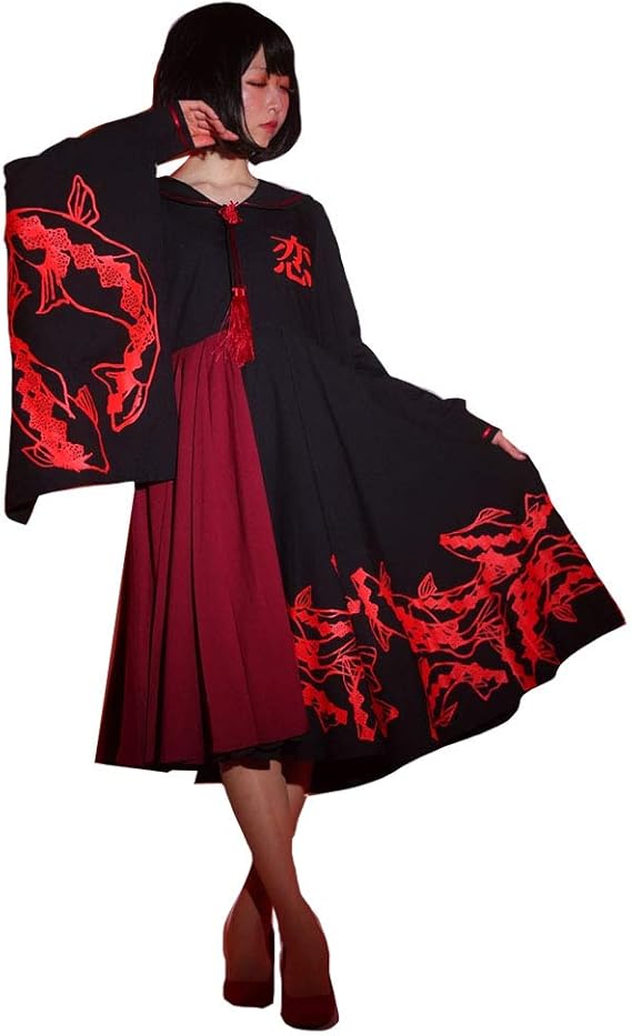 Amazon Co Jp Favoriteオリジナル 錦鯉プリントの和袖セーラーワンピース 黒 ブラック Iro Iro 服 ファッション小物