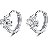 SLUYNZ Sterling Silver Small Clover Leaf Hoop Earrings for Women Teens CZ Clover Leaf Flower Hoop Earrings