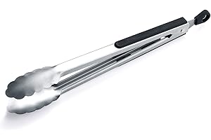 HOMQUEN 12 Inch Barbecue Tongs, Stainless Steel BBQ Tongs, Premium Grill Tongs for Cooking, Metal Tongs for Massive Meat, Locking Kitchen Tongs, Stylish Sturdy Cooking Tongs