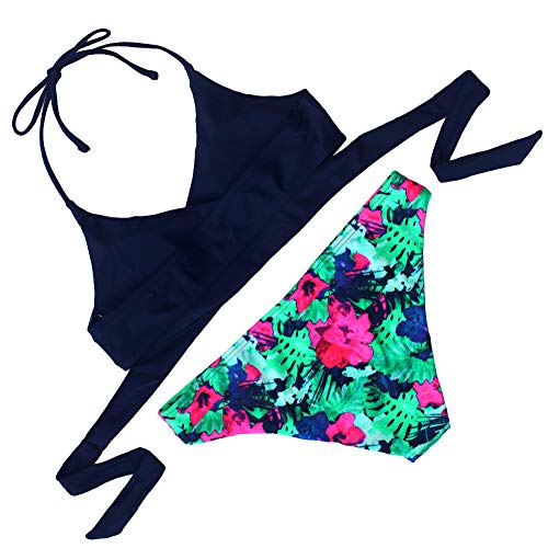 Agreya Womens 2 Piece Push up Black Bikini Top Floral Printing Bottom Swimsuit (Blue, S)