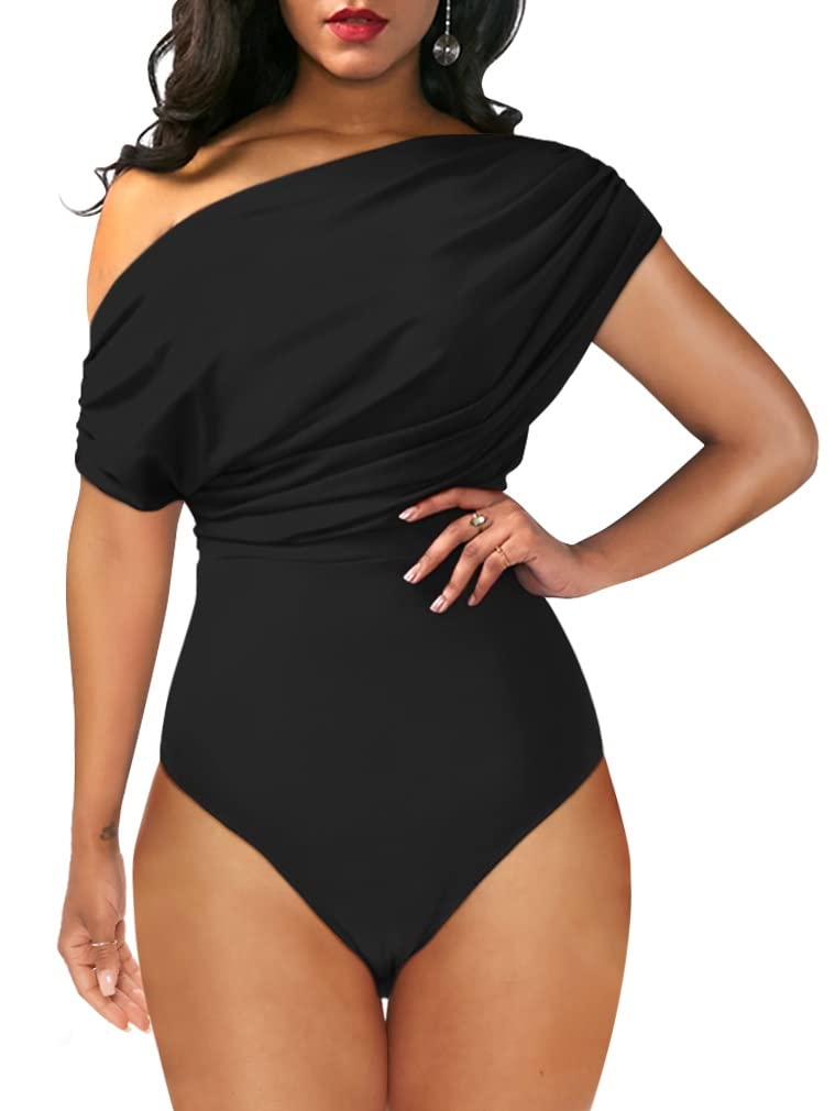 Photo 1 of YMDUCH Women's Sexy Off Shoulder Sleeveless Bodycon One Piece Bodysuit Top Black