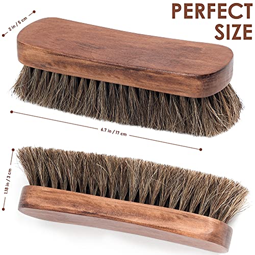 TAKAVU Horsehair Shoe Shine Brush - 6.7" Concave Wood Handle, 100% Soft Genuine Horse Hair Bristles For Leather Care