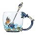 Kpcuisite Tea Cup Glass Coffee Mugs Birthday Gifts For Women,Mothers,Wife, Daughter,Sister,Friends,with Spoon Beautiful Rose Flower Butterfly (Blue x)