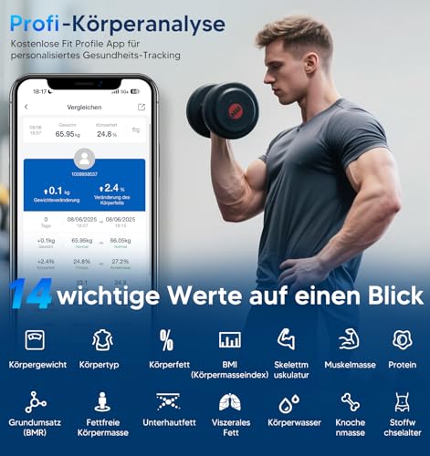 GE Digital Body Fat Scales with Large Display, Smart Scales with Body Fat and Muscle Mass with App 14 Body Measurements BMI Bluetooth Personal Scales up to 180 kg / 400 lb
