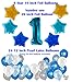 1st Birthday Boy Decorations kit- Complete One Year Party Decoration- First Birthday boy Giant Number One Balloon- Blue Happy Birthday Banner- Latex and Star Foil Balloons- Hanging Swirls-