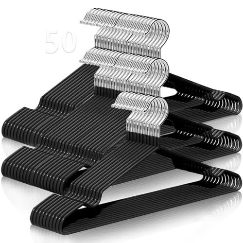 MXHIGO 50Pcs Ganchos de Acero Aleado con Recubrimiento de Goma Antideslizante, 40CM Ganchos para Ropa con Ranuras, Antióxido y Duradero, Perchas para Pantalones, Vestidos, Camisa, Abrigos de Adultos