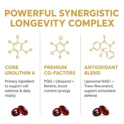 Urolithin A Supplement 2500mg with NAD+, Resveratrol, CoQ10 & PQQ, High Potency 5-in-1 Longevity Formula, Mitochondrial Support for Healthy Aging, Energy & Muscle Strength, 120 Softgels