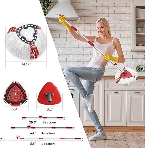 Spin Mop Head Replacement Compatibility with Vileda All Turbo System, 2 Microfiber Mop Refill+1 Handle+1Base+1 Cleaning Brush Comb, Shower Floor Scrubbing Brush Replace Head Deck Scrubber