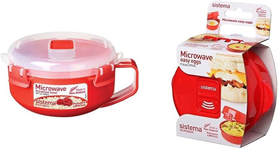 Sistema Microwave Breakfast Bowl, 850 ml - Red/Clear & Microwave Egg Cooker Easy Eggs, 270 ml - Red