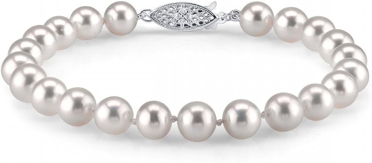 THE PEARL SOURCE 14K Gold 7-8mm AAAA Quality Round White Freshwater Cultured Pearl Bracelet for Women: Jewelry
