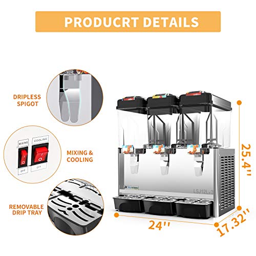 Nurxiovo Juice Dispenser -9.36Gallon commercial juice ice beverage dispenser, 3.12 Gallon Per Tank, 3 Tank with Thermostat Controller, Stainless Steel