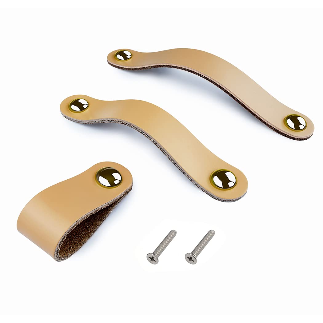 6X Drawer Pulls Handmade Leather Dresser Cabinet Knob Handles Adjustable Door Handle Kitchen Pulls Knobs with 22mm Screws, Hole Distance: 96mm-Beige