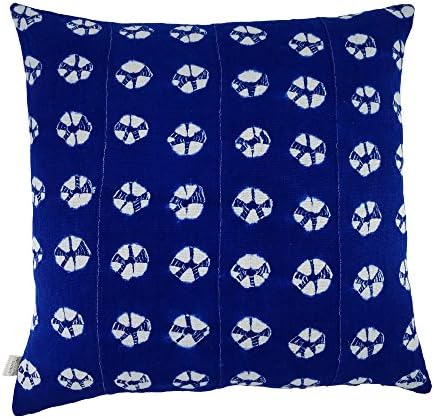 Upcountry Textiles, African Shibori Hand-dyed, Indigo Blue Mudcloth Decorative Throw Pillow Cover, 20"x20",1