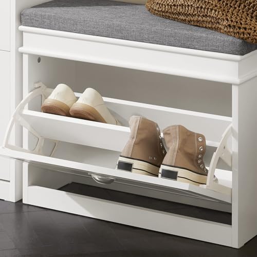 SoBuy Narrow Shoe Cabinet Bench with Flip Drawer Storage - Modern Entryway Shoe Bench with Storage, Space Saving Wooden Shoe Rack Cabinet with Padded Cushion Seat - Ideal for Hallway, Entryway