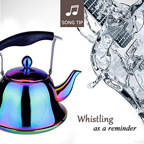 Rainbow Whistling Tea Kettle Stainless Steel Stovetop Teakettle Sturdy Teapot for Tea Coffee Fast Boiling with Infuser Color Rainbow Mirror Finish 2 Liter / 2.1 Quart (Rainbow)