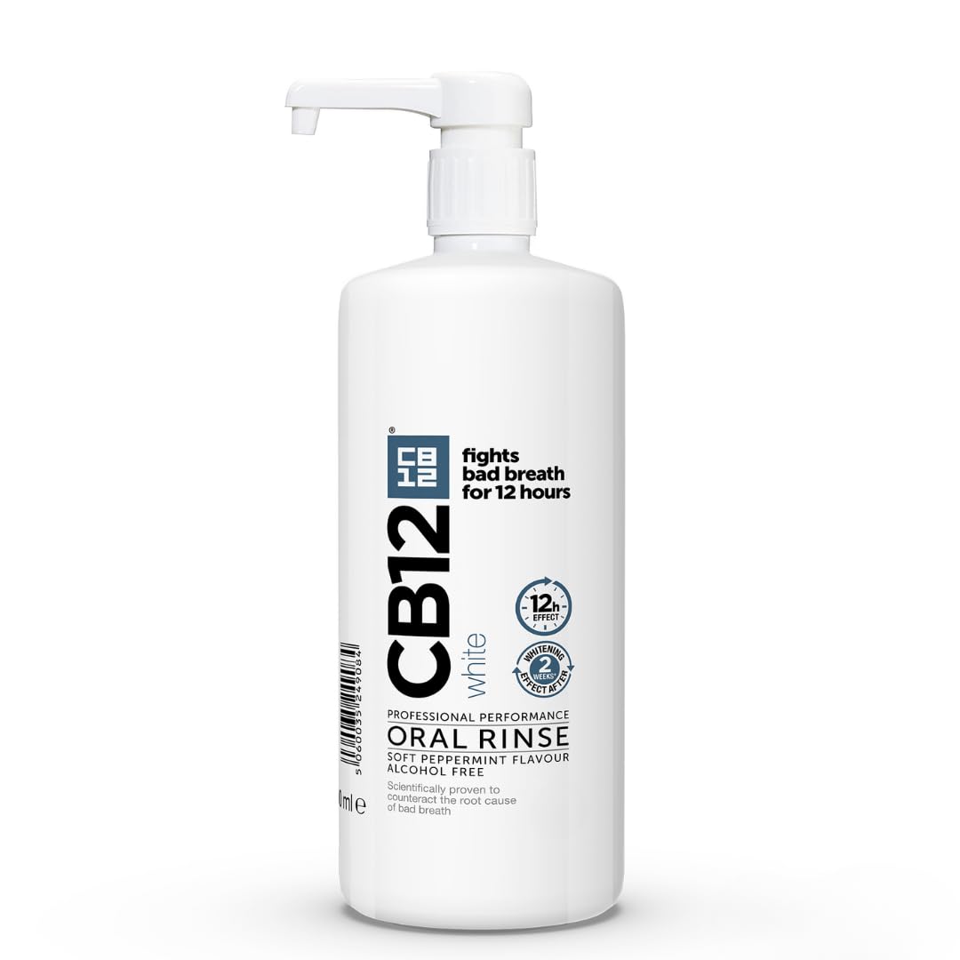 CB12 White Mouthwash: Whiter Teeth and 12 hours Bad Breath Protection – Fights Root Cause of Bad Breath – Long-Lasting Freshness – Whiten Teeth – Alcohol-Free Soft Peppermint Mouthwash, 1L