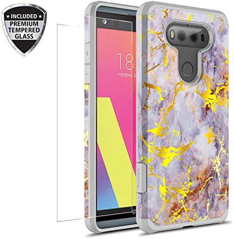 LG V20 Case With Tempered Glass Screen Protector, Rosebono Slim Hybrid Dual Layer Shockproof Hard Cover Marble Graphic Fashion Cute Colorful Silicone Skin Case for LG V20 (Gold Purple)