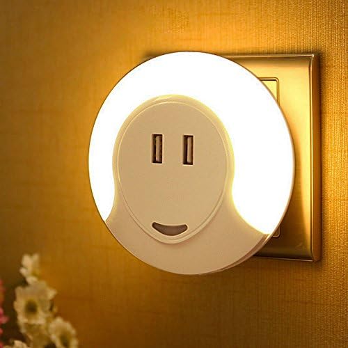 Effiet LED Night light with Dual USB Charging Ports 5V 2A, Plug in Wall Light with Dusk to Dawn Sensor, Warm Nursery Night Light with Bedroom Bathroom Kitchen Hallway Kids Baby