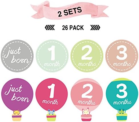 2 Sets of Baby Monthly Stickers 26 Pack Newborn Baby First Year Milestone Stickers, Great Shower Registry Gift or Baby Photo Props