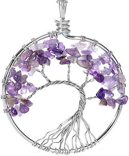 Tree Of Life Pendant Necklace,Amethyst Crystal Necklace Gemstone Chakra Jewelry for Mothers Day Gifts - Color: Pt 0 Purple (Nature Stone Handmade With 2 Chains)