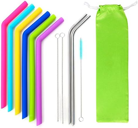 Reusable Silicone Drinking Straws for 30 oz Yeti / Rtic / Ozark / Complete Bundle - Reusable Silicone Straws Set of 11 - Stainless Steel Straws Extra Long + Brushes+ Storage Pouch