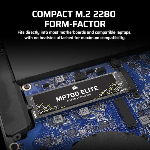 Corsair MP700 Elite 2TB PCIe 5.0 x4 NVMe M.2 SSD – Up to 10,000MB/sec – High-Density 3D TLC NAND – M.2 2280 - DirectStorage Compatible – Black