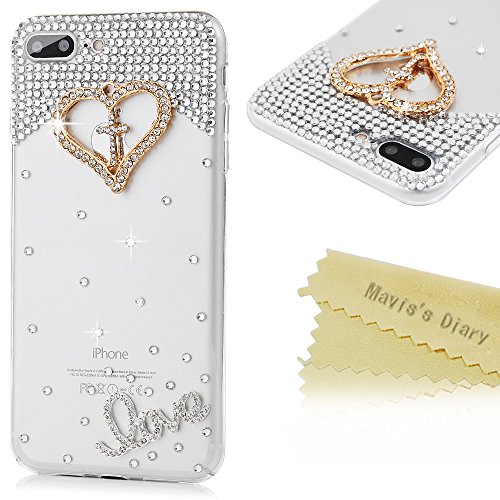 iPhone 7 Plus Case (5.5") - Mavis s Diary Fancy 3D Handmade Bling Crytal Lovely Golden Cross in Love Heart Shiny Rhinestone Diamonds Gems Sparkling Full Edge Cover Clear Hard PC Case for iPhone 7 Plus