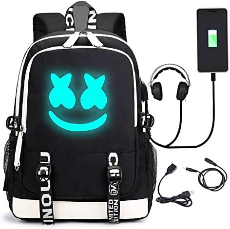 PIESWEETY Marshmallow Backpack Luminous DJ Marshmello with USB Charging Port, Unisex Fashion Travel Laptop Backpack …
