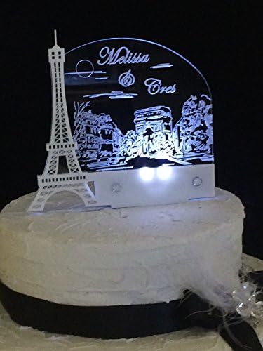 Paris Romantic Eiffel Tower Wedding Cake Topper, Personalized, with LED Light