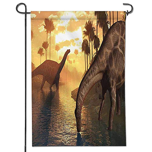 Click Here to See More Images Mikihome Garden Flag Collection Two Dicraeosaurus Dinosaurs in a Prehistoric Sunrise Landscape Enormous Wild Image Cream Holiday Decoration Double Sided Flag